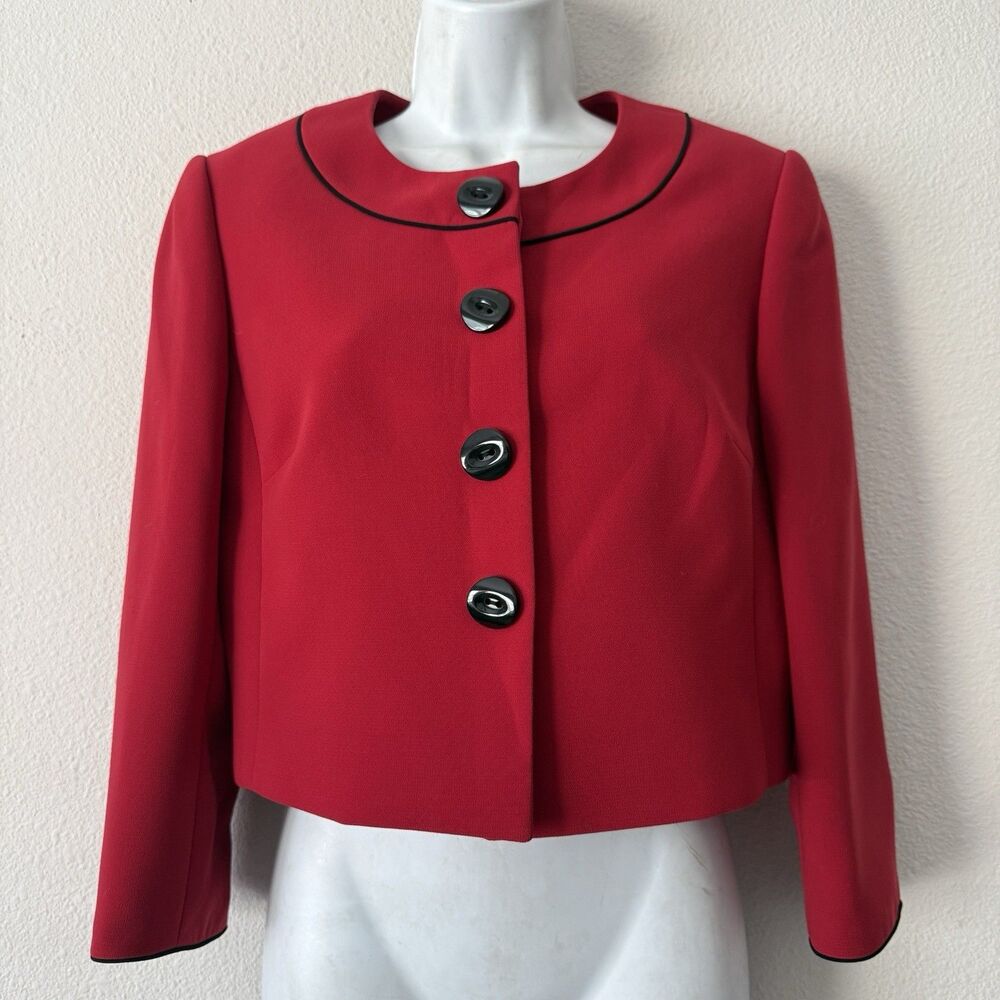 Tahari Arthur S Levine Red Cropped Blazer Jacket 6P Black Trim Mod Coquette Poly